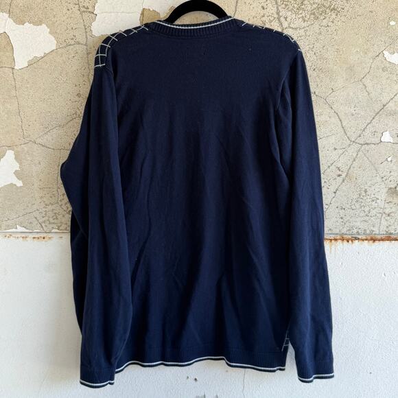 Adidas Sweater Mens L V-Neck Pullover Navy Grid Check Tenniscore Preppy Retro - Picture 6 of 7